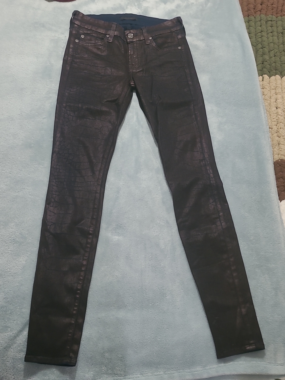 7 For All Mankind Black Croc-Embossed Skinny Jeans